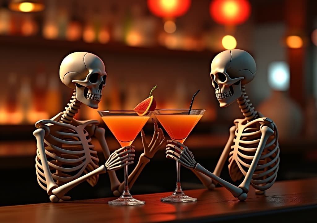  skeletons couple drinking orange cocktails in bar. halloween concept