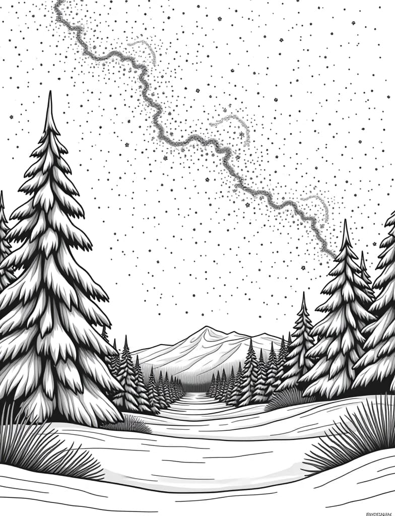  this is for an adult coloring page. a detailed black and white line art of a snowy winter stargazing scene with a clear view of the milky way on a solid white background.