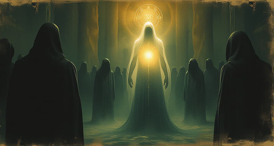  shielding figure glowing with internal light, standing against dark figures, strong protective glow, safeguarding energy, ethereal protection. an illustration in the style of a worn, mystical old tarot trump card, mysterious and elements of surrealism. the colors are muted, somber and eerie, but with contrast bring out an occult and esoteric vibe.