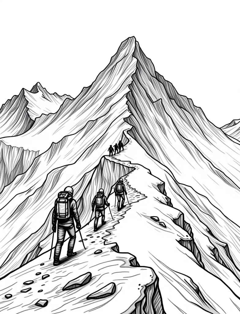  this is for an adult coloring page. a detailed black and white line art of a snowy snowy mountain range with a group of mountaineers climbing on a solid white background.