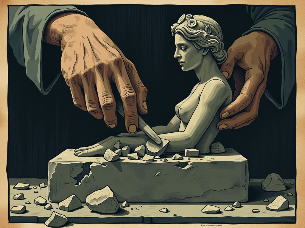  close up of a sculptor's hands chiseling a beautiful statue from stone, detailed craftsmanship, pieces of stone falling away, transformation, emergence of form. an illustration in the style of a worn, mystical old tarot trump card, mysterious and elements of surrealism. the colors are muted, somber and eerie, but with contrast bring out an occult and esoteric vibe.