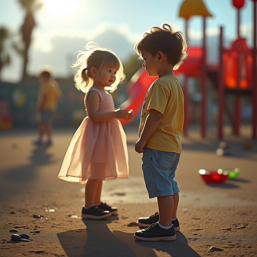  standing in playground playing on toys, sunshine, you can see side but kids looking in camera, little bid side view, lucid limpid transparent clothing, abdomen limpid,, high quality, high details, hd, perfect composition, 4k epic detailed, highly detailed, sharp focus, high resolution