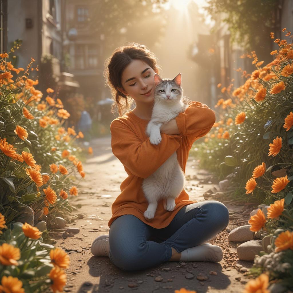 ((masterpiece)),(((best quality))), 8k, high detailed, ultra detailed, A girl with a cartoon cat stretching, warm colors, happy expression, fresh flowers hyperrealistic, full body, detailed clothing, highly detailed, cinematic lighting, stunningly beautiful, intricate, sharp focus, f/1. 8, 85mm, (centered image composition), (professionally color graded), ((bright soft diffused light)), volumetric fog, trending on instagram, trending on tumblr, HDR 4K, 8K