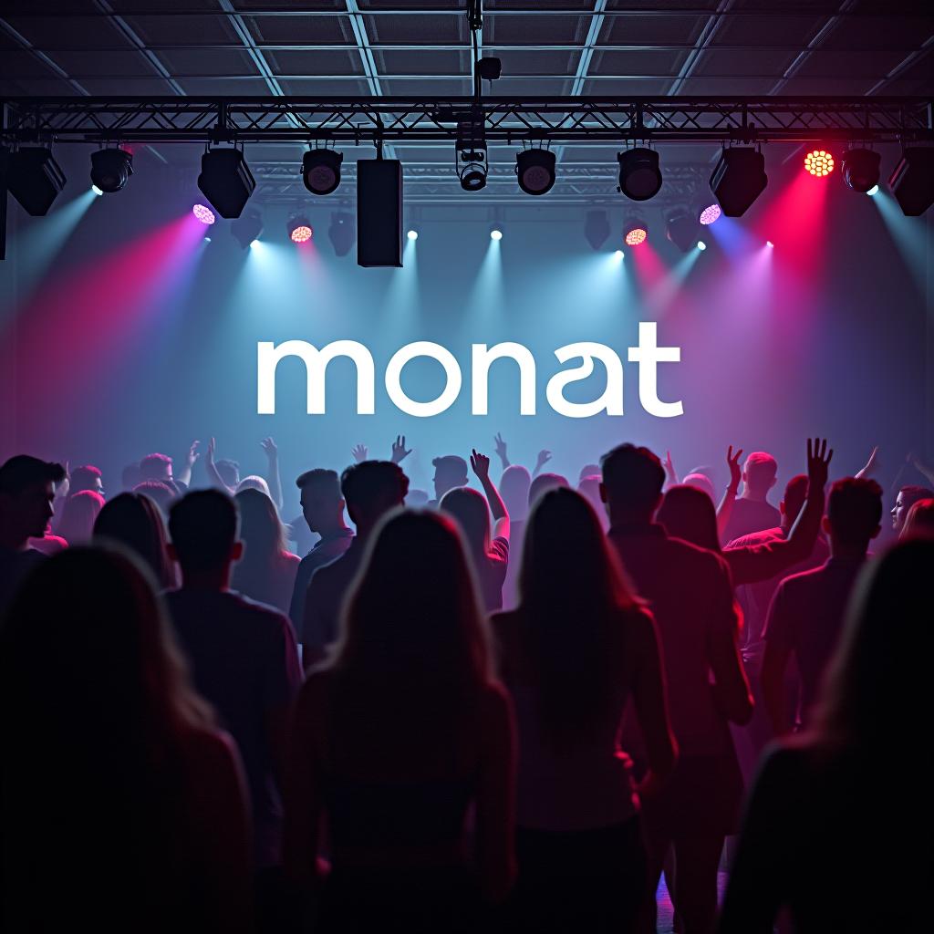  the party is a disco. there are many young people dancing. in the background, behind the stage, the word monat is written in large letters.