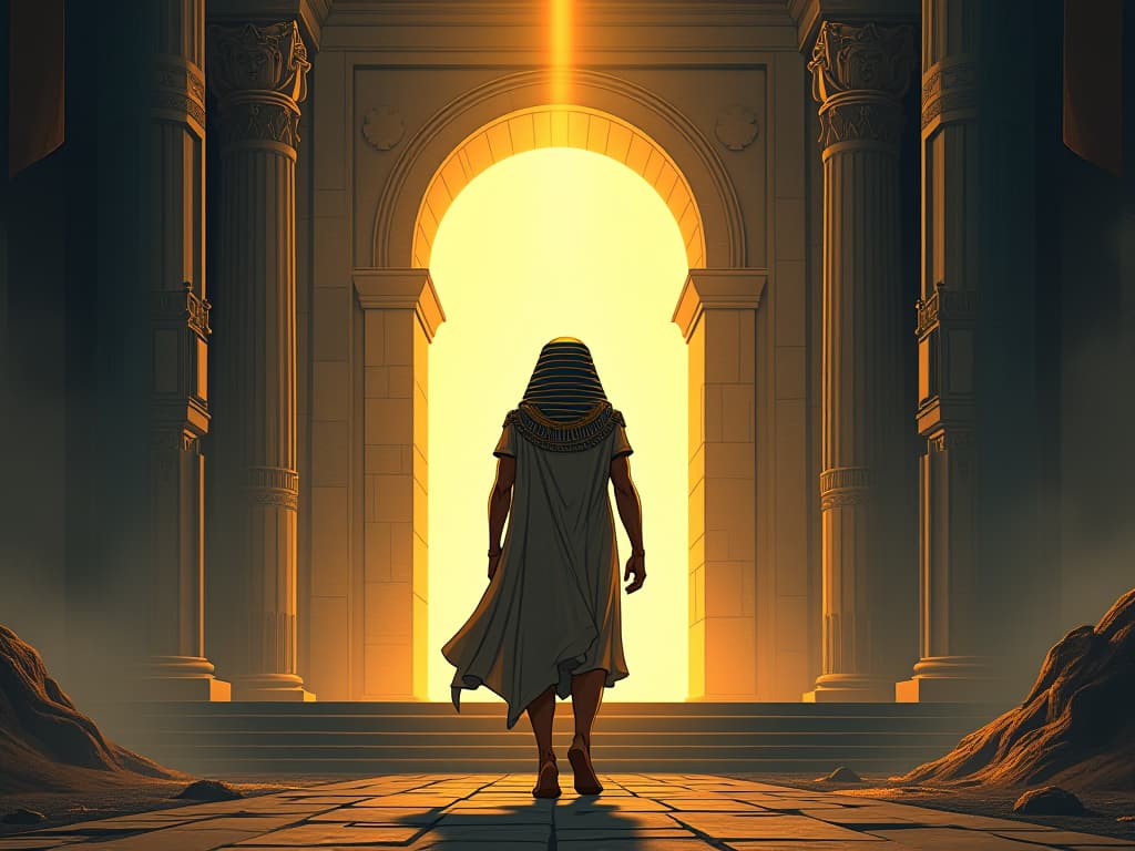  pharaoh in a royal headdress, taking deliberate steps towards a grand archway, glowing light from beyond, symbolizing journey towards extraordinary life. the style is digital art illustration / modern comic book / mysterious occult, symbolic, esoteric vibe,high detail on character design, incorporating ancient egyptian symbology and attire.