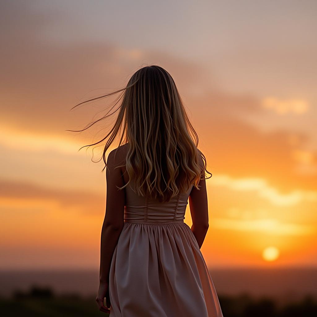  a blonde girl is standing against the sunset in a long dress with her back to the camera.