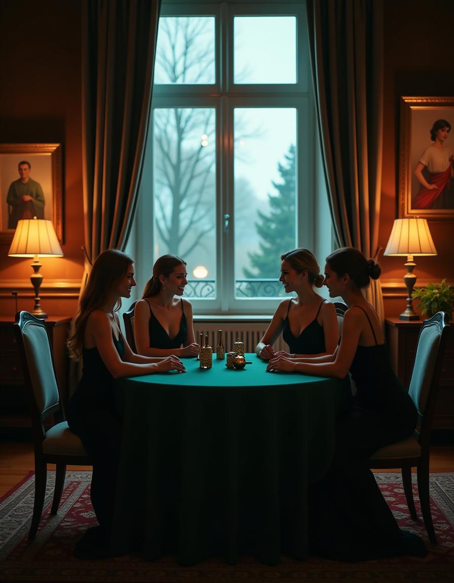  hdr photo of realistic image, four beautiful russian girls in dark evening dresses sit at a round table with green cloth, decorative cosmetics lie on the table, the girls happily communicate with each other in the twilight, the window is completely closed with a curtain, on the walls beautiful lamps, books on wooden shelves, the whole office in beautiful wooden upholstery, with paintings, high detail, high resolution, 8k ultra hd . high dynamic range, vivid, rich details, clear shadows and highlights, realistic, intense, enhanced contrast, highly detailed