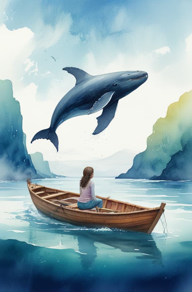 Create artwork lonely woman in small wooden boat swimming in ocean. under boat in water is a huge whale to see --ar 2:3 using watercolor techniques, featuring fluid colors, subtle gradients, transparency associated with watercolor art