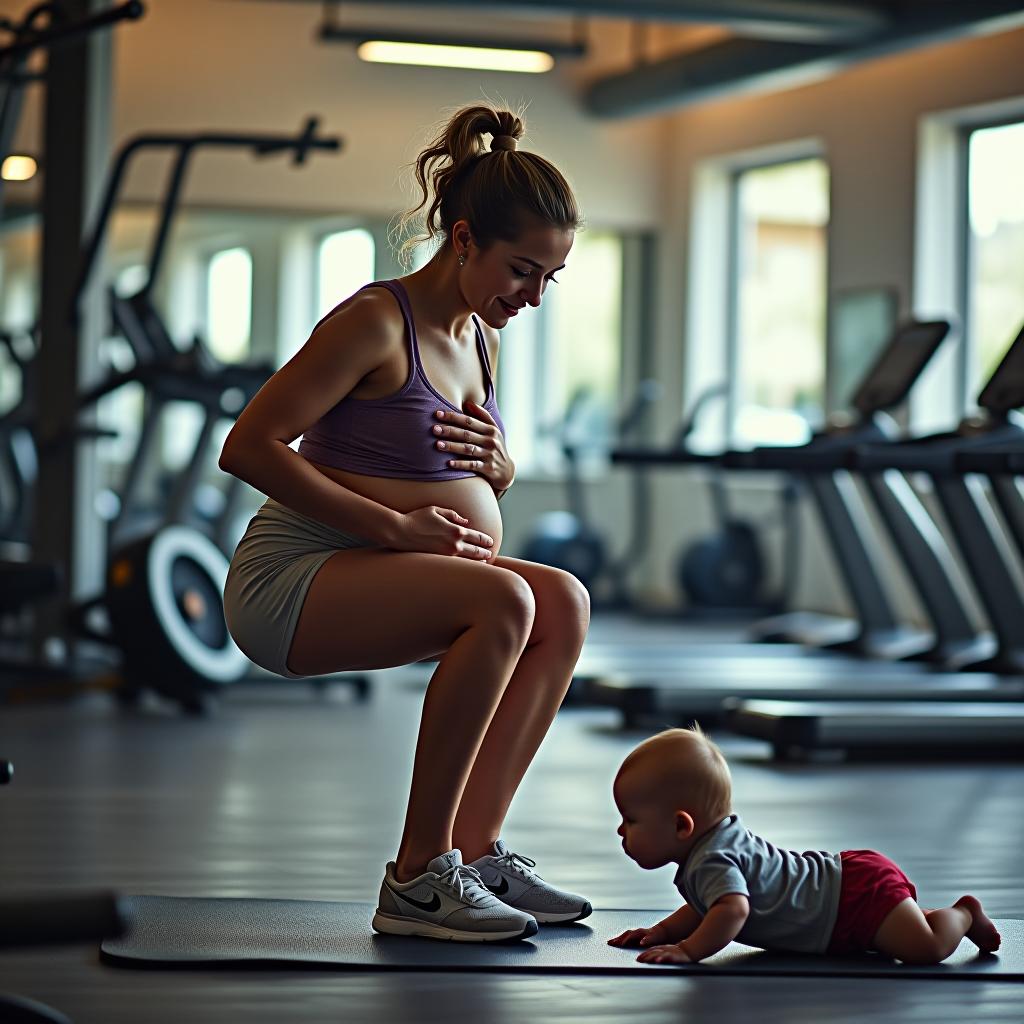  a girl is working out in the gym after giving birth, and her baby is crawling nearby.