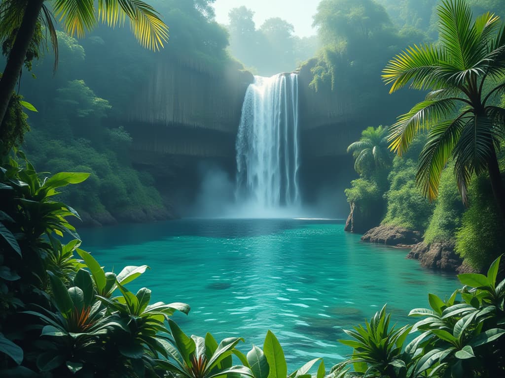  a serene waterfall cascading into a crystal clear lagoon, surrounded by lush tropical foliage, watercolor painting, vibrant greens, and blues, misty atmosphere. hyperrealistic, full body, detailed clothing, highly detailed, cinematic lighting, stunningly beautiful, intricate, sharp focus, f/1. 8, 85mm, (centered image composition), (professionally color graded), ((bright soft diffused light)), volumetric fog, trending on instagram, trending on tumblr, HDR 4K, 8K