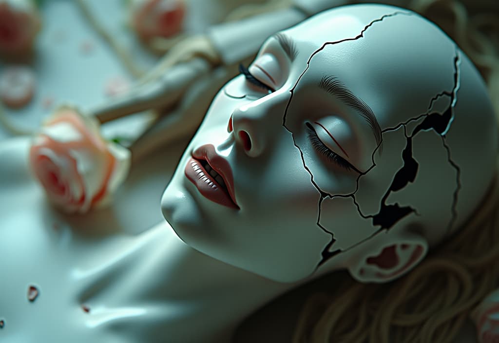  cinematic still 3girls, sitting, death of a beautiful humanoid female, close up of a broken android, digital art, cracked porcelain face, futuristic look, captivating, close up, skull, fragile, emotional, shatter into fragments, shattered glass, shattered pieces of a woman body, made of porcelain, broken, destroyed, abstract patterns, tile art, roses, portrait photography, cinematic, white and light gray, shallow depth of field . emotional, harmonious, vignette, 4k epic detailed, shot on kodak, 35mm photo, sharp focus, high budget, cinemascope, moody, epic, gorgeous, film grain, grainy, (masterpiece), (best quality), (ultra detailed), 3girls, sitting, death of a beautiful humanoid female, close up of a broken android, digital art, cracked p