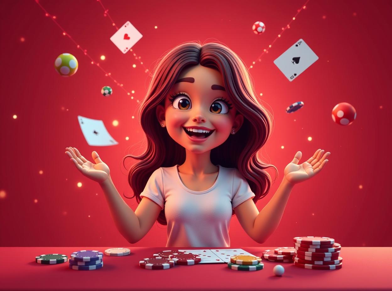  a casino theme with a floating big lottery, cards, dice and casino chips as background infront is happy girl because she won a lottery on a red background with a stream of lights and a neon colored background, andries stock, incoherents, highly detailed digital art, computer graphics, cartoonish, banner, plain background, high quality, high details, hd, perfect composition, 4k epic detailed, highly detailed, sharp focus, high resolution