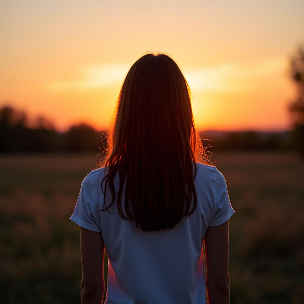  a brunette girl is standing with her back to the camera at sunset.