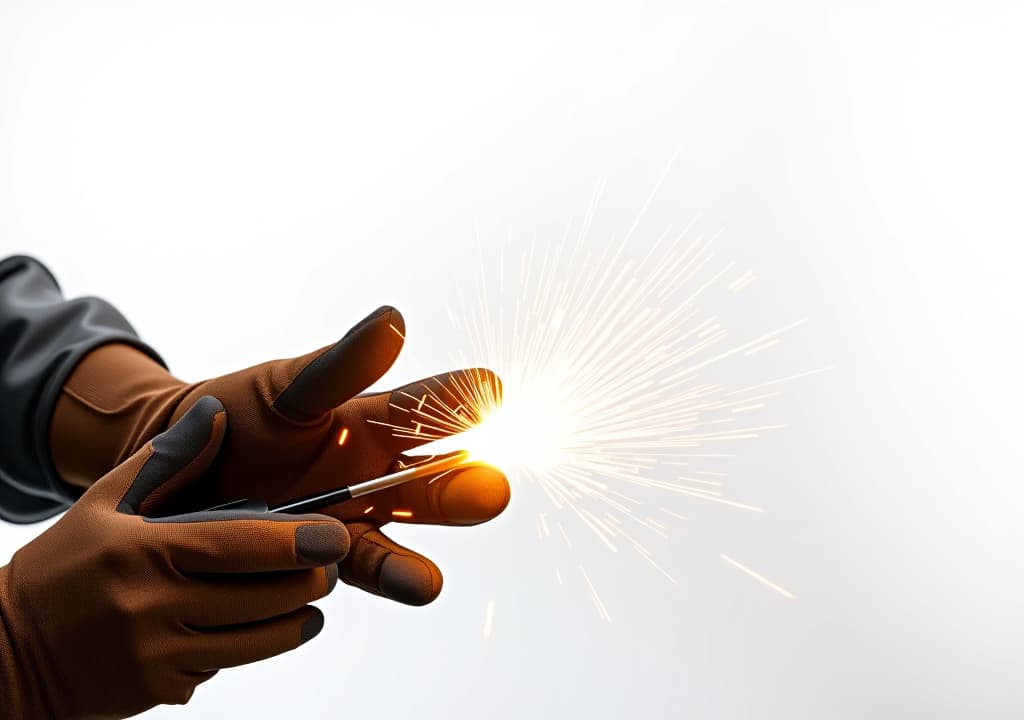  welding sparks and gloves on white background.