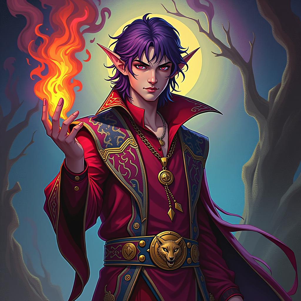  psychedelic style ringo the warlock is depicted in full height with a burning alo purple flame in his hand a young mature dark male elf with marble white skin, purple scarlet hair, ringo wears a disheveled hairstyle of medium length, pointed ear tips, lavender red eyes, dressed in a burgundy shirt with in addition, he wears a dark red snake skin jacket with silver embroidery in the form of flame tongues, purpletones of medium sized skin, and right skinned sergoes in a red leg. ringo wears a gold chain with a medium sized gold medallion around his neck. the medallion depicts an angry smirking fox face, ringo has a relative, a younger brother, a young dark elf amroth, . vibrant colors, swirling patterns, abstract forms, surreal, trippy