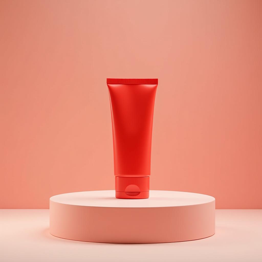  a round podium holding a red tube of sunscreen, high quality, high details, hd, perfect composition, 4k epic detailed, highly detailed, sharp focus, high resolution