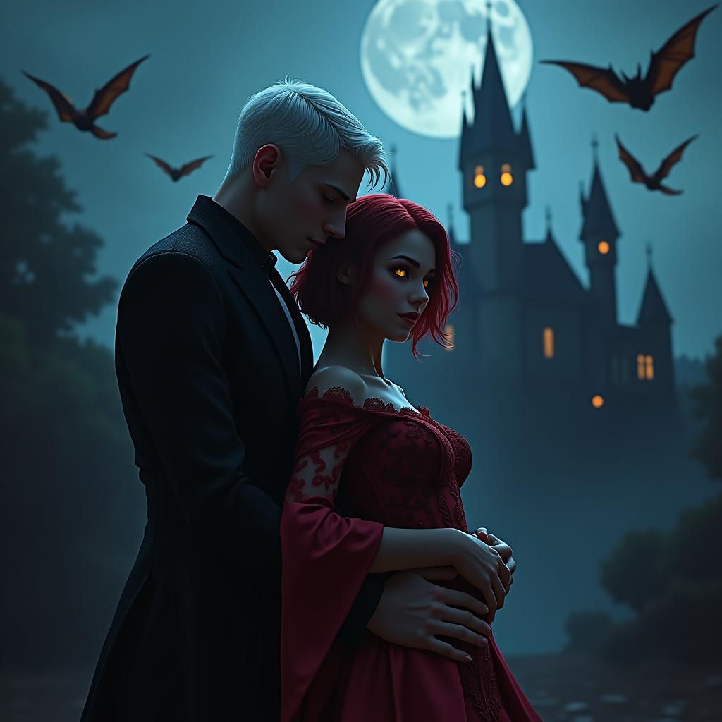  art, a vampire couple in love, at night against the background of a gothic castle, bats are flying in the sky, a guy stands behind and hugs a girl around the waist, a girl has short red hair, a guy has short white hair, they eyes are burning hyperrealistic, full body, detailed clothing, highly detailed, cinematic lighting, stunningly beautiful, intricate, sharp focus, f/1. 8, 85mm, (centered image composition), (professionally color graded), ((bright soft diffused light)), volumetric fog, trending on instagram, trending on tumblr, HDR 4K, 8K