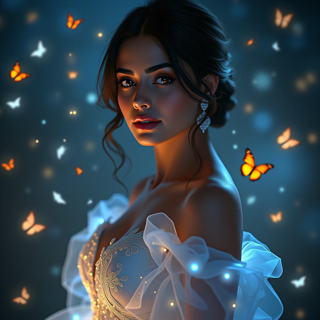  a closeup of a aishwarya rai with a luminous dress, fireflies, butterflies, lights, lens flares effects hyperrealistic, full body, detailed clothing, highly detailed, cinematic lighting, stunningly beautiful, intricate, sharp focus, f/1. 8, 85mm, (centered image composition), (professionally color graded), ((bright soft diffused light)), volumetric fog, trending on instagram, trending on tumblr, HDR 4K, 8K