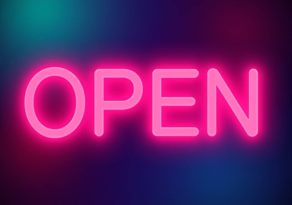  3d neon gradient "open" sign on a colorful background