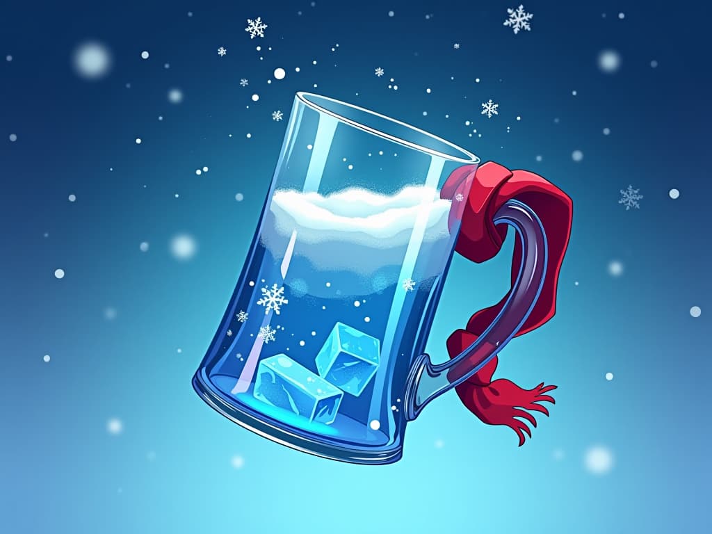  a fantasy style tilted glass mug featuring winter theme with snow in it. all the contents of the glass are pouring like water. details. colorful with brilliant blue background. suspended in space. sparkling and beautiful snowflakes like a wreath. a red scarf is wrapped around the handle of the glass. pieces of ice in glass. cartoon. studio ghibli anime. 1:1 size for profile. firooze hyperrealistic, full body, detailed clothing, highly detailed, cinematic lighting, stunningly beautiful, intricate, sharp focus, f/1. 8, 85mm, (centered image composition), (professionally color graded), ((bright soft diffused light)), volumetric fog, trending on instagram, trending on tumblr, HDR 4K, 8K