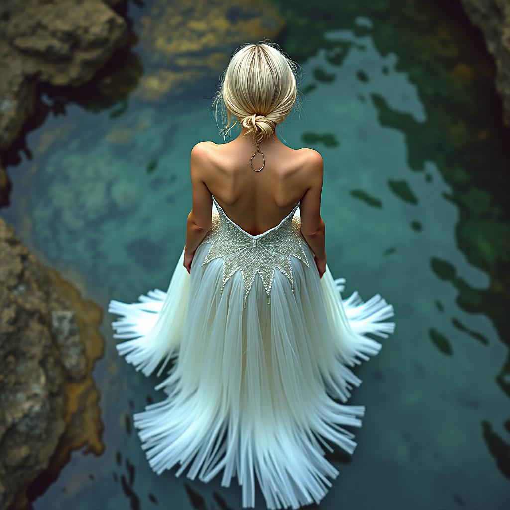  a dress resembling a waterfall on a blonde girl from a bird's eye view, in an avant garde style.