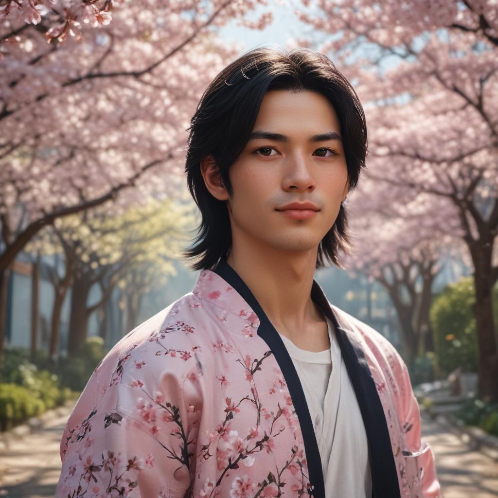 ((masterpiece)),(((best quality))), 8k, high detailed, ultra detailed, Meguro Ren kun, a boy with long black hair and a confident smile, cherry blossom trees in the background, sunlight filtering through the leaves hyperrealistic, full body, detailed clothing, highly detailed, cinematic lighting, stunningly beautiful, intricate, sharp focus, f/1. 8, 85mm, (centered image composition), (professionally color graded), ((bright soft diffused light)), volumetric fog, trending on instagram, trending on tumblr, HDR 4K, 8K