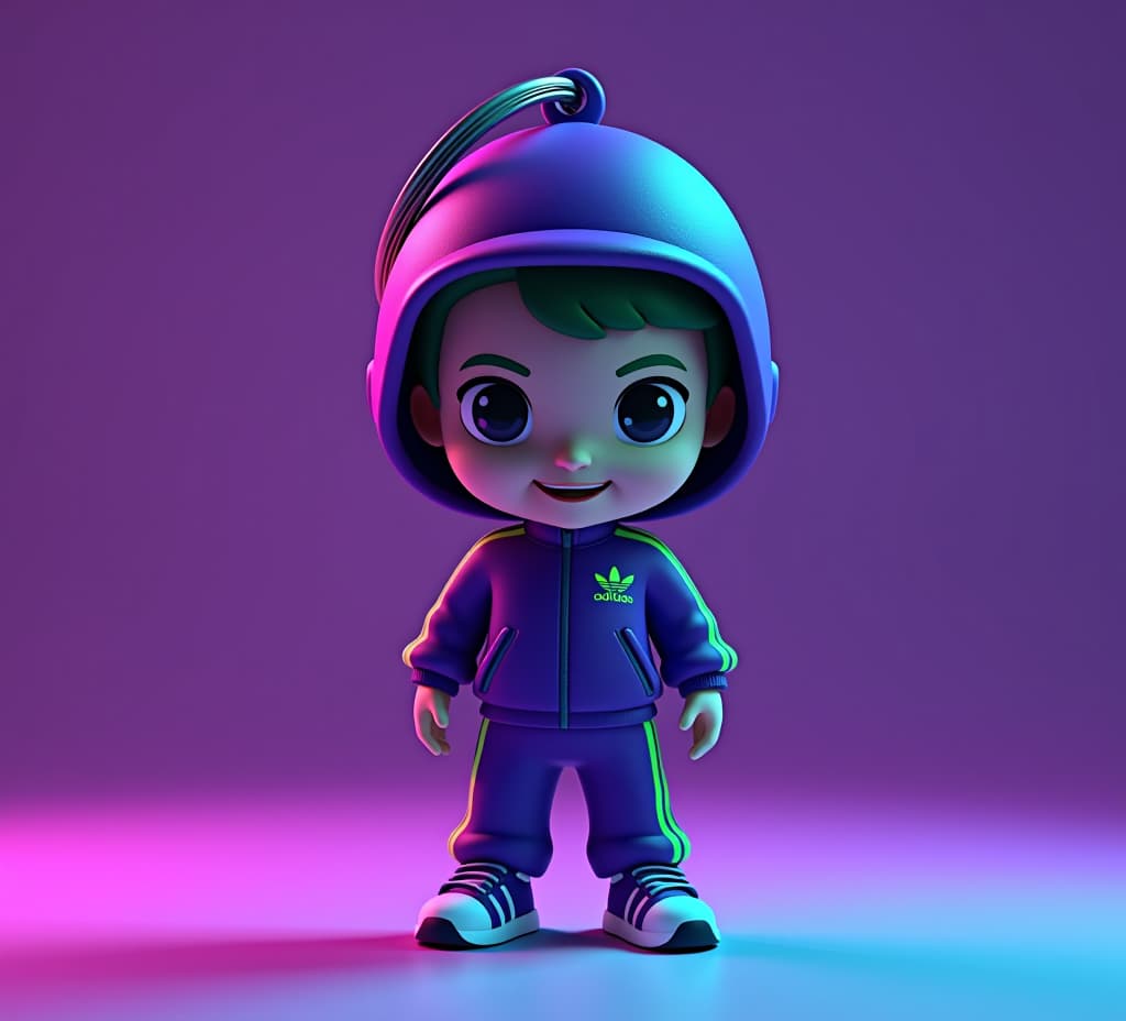  a 3d illustration of a keychain featuring a chibi the joker wearing purple tracking suit adidas and green stripes, wearing a gulf hat on head, trendy shoes. the keychain is in a neon green and purple lighting in studio photography. the illustration has dynamic lighting and vivid colors.