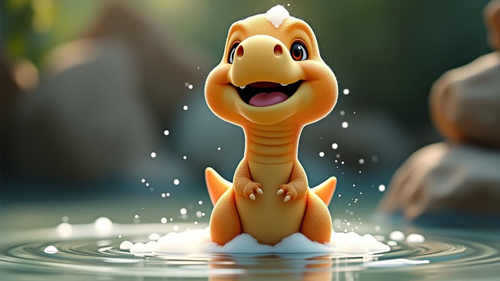  happy baby dinosaur washing in waterfall with soap foam. digital artwork.