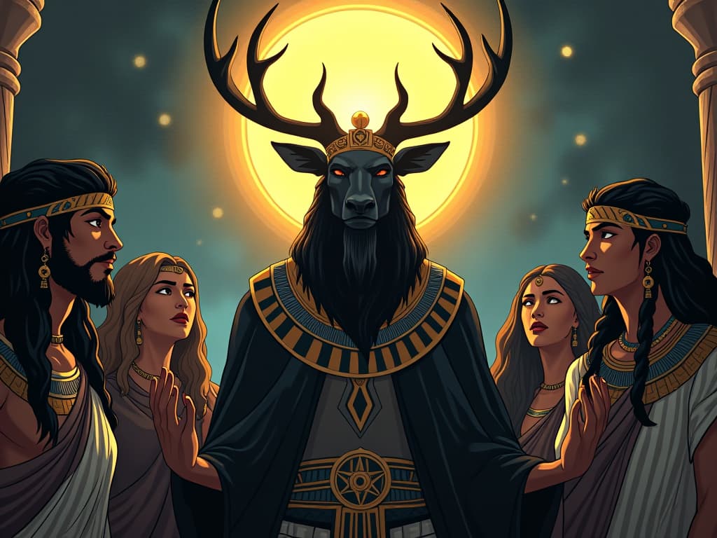  black elk speaking to his community, spiritual aura around him, their faces showing awe, symbolizing guidance and inspiration. the style is digital art illustration / modern comic book / mysterious occult, symbolic, esoteric vibe,high detail on character design, incorporating ancient egyptian symbology and attire.