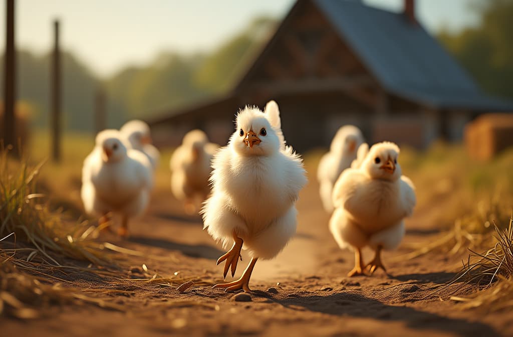  professional detailed photography, fluffy chickens running and playing on a farm, chickens are cheerful. background farmer's house, farm, hay, path, sunny warm day. ar 3:2, (muted colors, dim colors, soothing tones), (vsco:0.3)