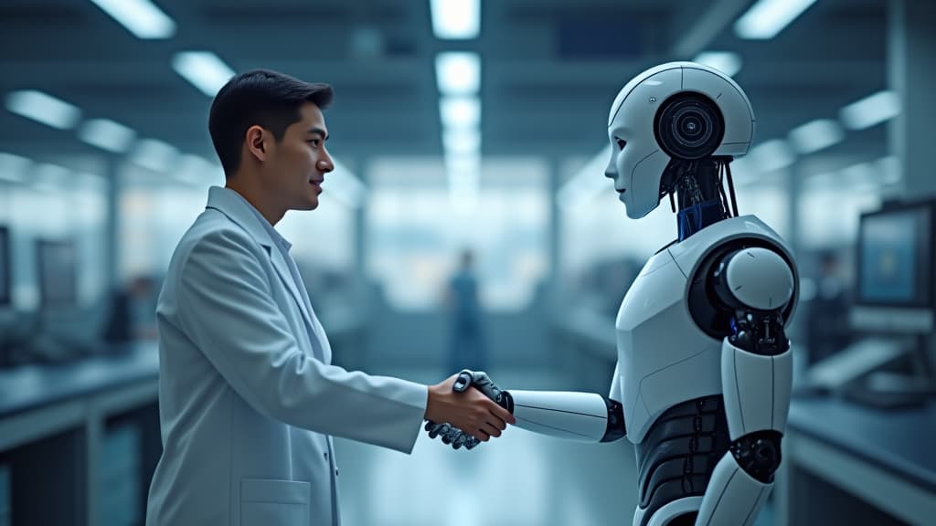  handshake between human and robot in a research lab, working together for success concept about tech innovation, machine learning progress and partnership with future artificial general intelligence