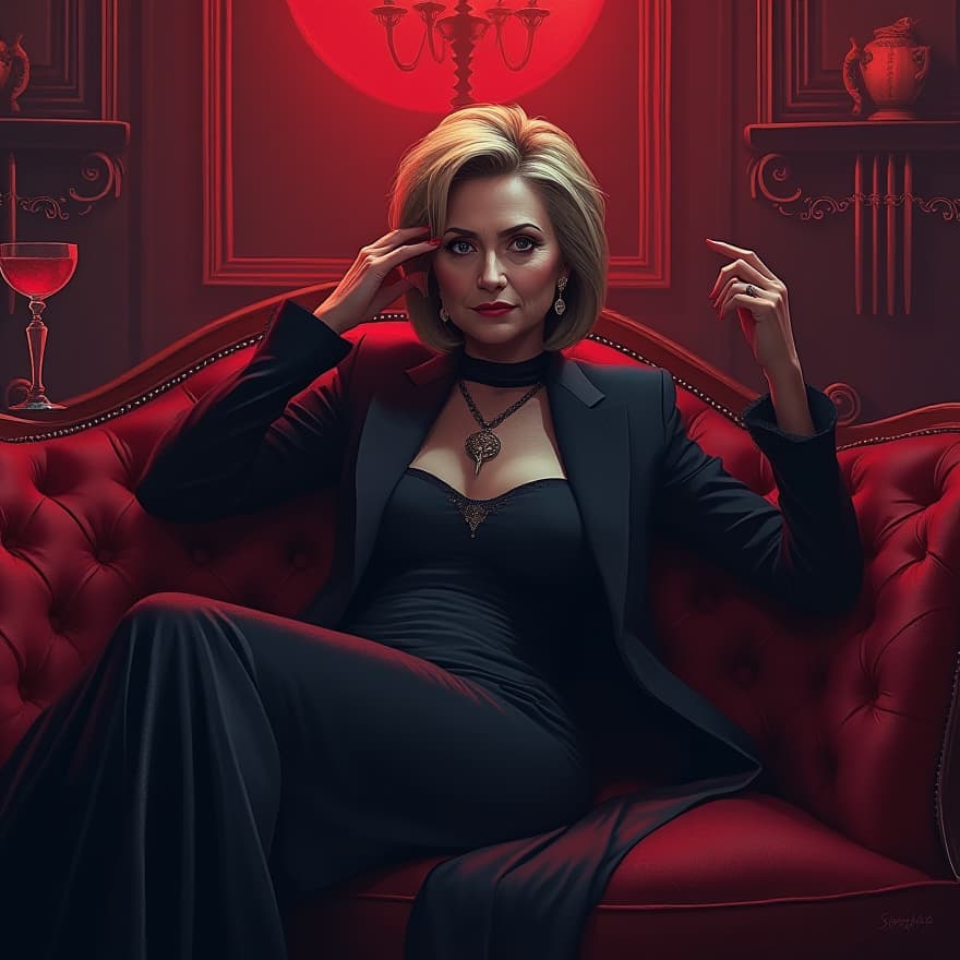  a modern digital painting featuring hillary clinton seated on an ornate couch in a dimly lit vampire themed lounge. she is dressed in gothic attire, exuding a mysterious aura enhanced by her supernatural powers. the composition is a middle shot, focusing on her languid pose and hypnotic eyes, making her an enigmatic and captivating figure. the artwork reflects the style of simon cowell, characterized by vibrant colors, intricate details, and a surreal atmosphere that enhances the gothic elements of the scene.