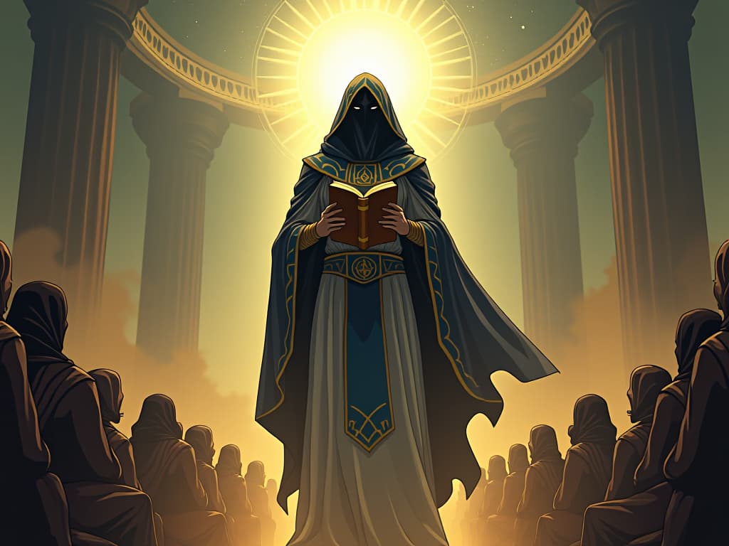  a tall figure shrouded in celestial light, holding a book of ancient wisdom, standing at the forefront of a gathering, exuding an aura of enlightenment. the style is digital art illustration / modern comic book / mysterious occult, symbolic, esoteric vibe,high detail on character design, incorporating ancient egyptian symbology and attire.