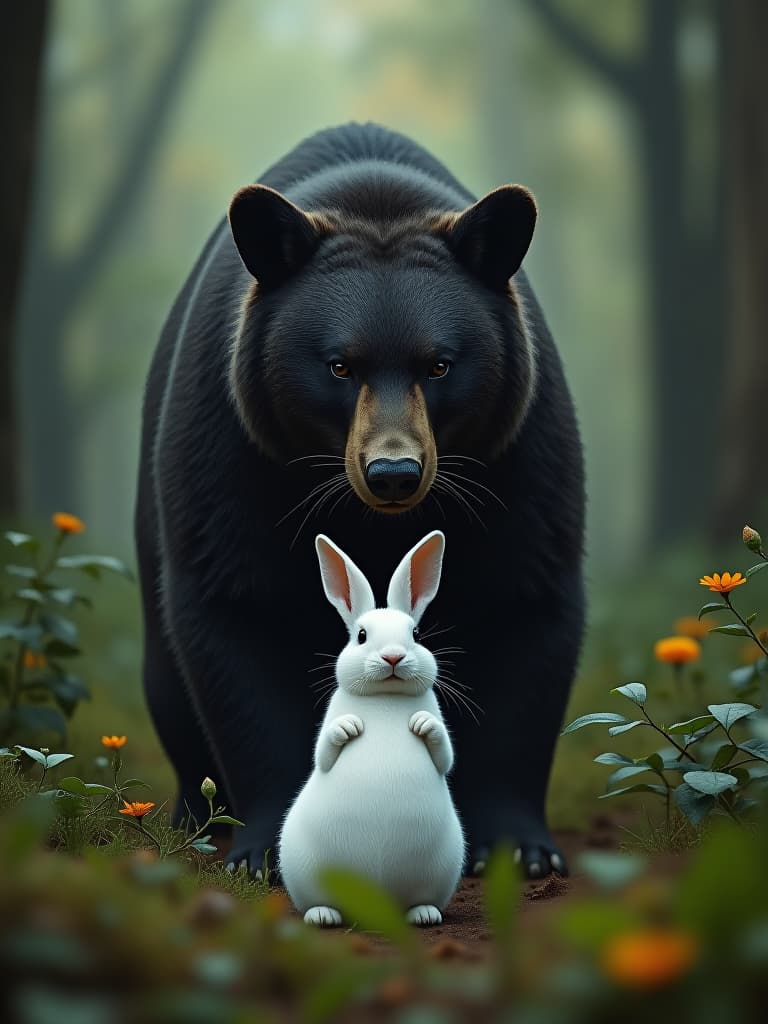  in the forest, a vicious black bear stood in front of a white rabbit, and a tiger stood in front of a white rabbit photo realistic, highly intricate and detailed, masterpiece, ultra high res,photography,8k resolution