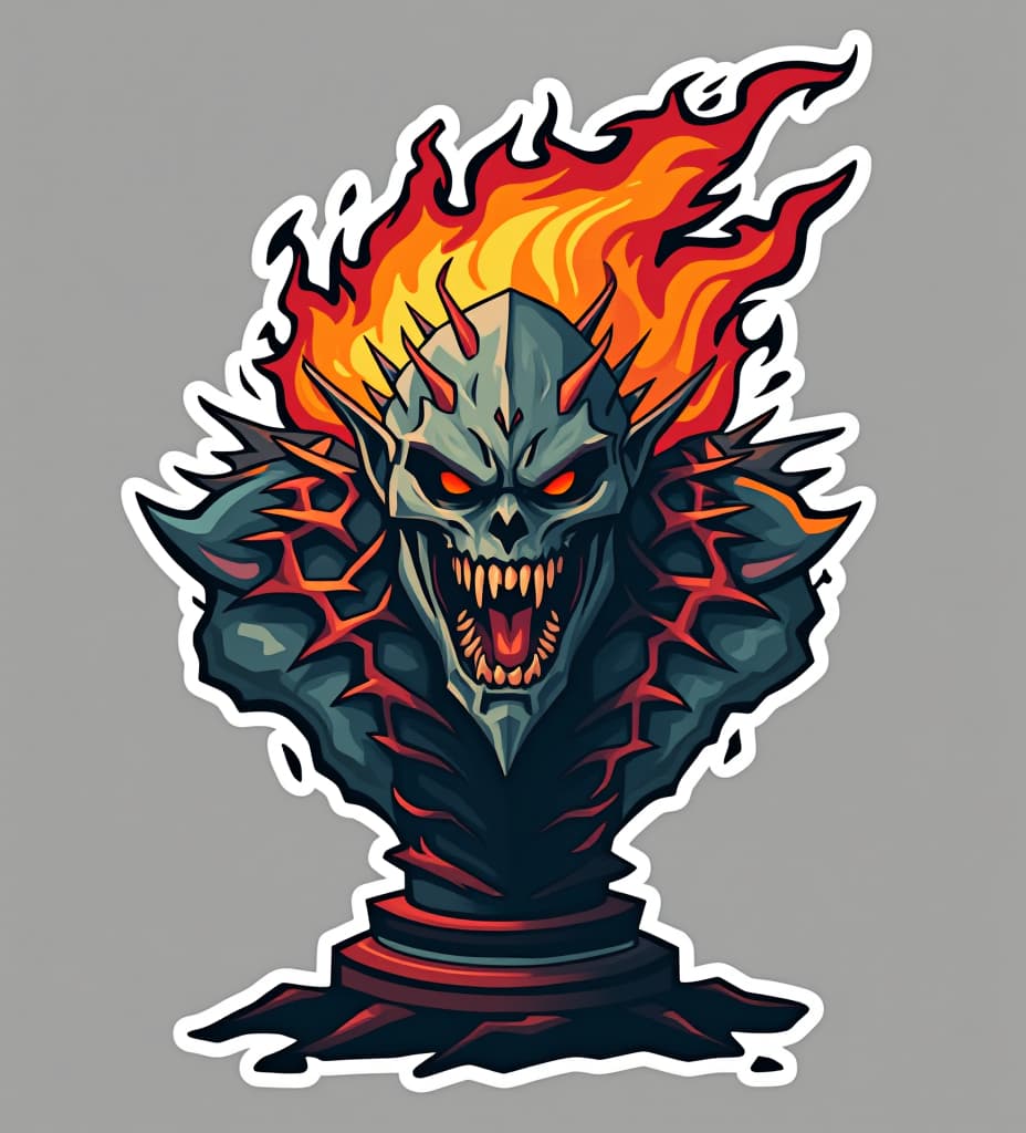  vector art stickers, generate doomsday monster bust with flames behind his head simplified, professional vector design, sticker designs, sticker sheet