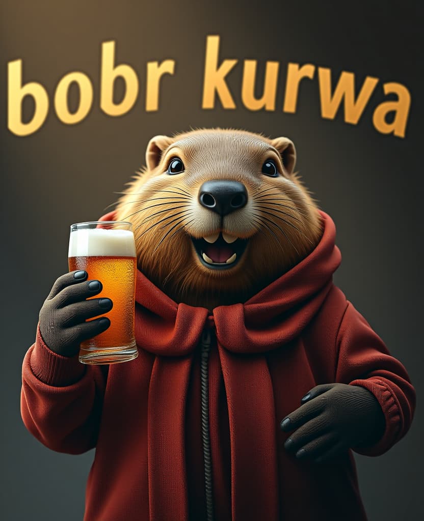  above a text that says "bobr", below a text that says "kurwa", in the center of the image a happy beaver with a beer in his hand. logo style hyperrealistic, full body, detailed clothing, highly detailed, cinematic lighting, stunningly beautiful, intricate, sharp focus, f/1. 8, 85mm, (centered image composition), (professionally color graded), ((bright soft diffused light)), volumetric fog, trending on instagram, trending on tumblr, HDR 4K, 8K