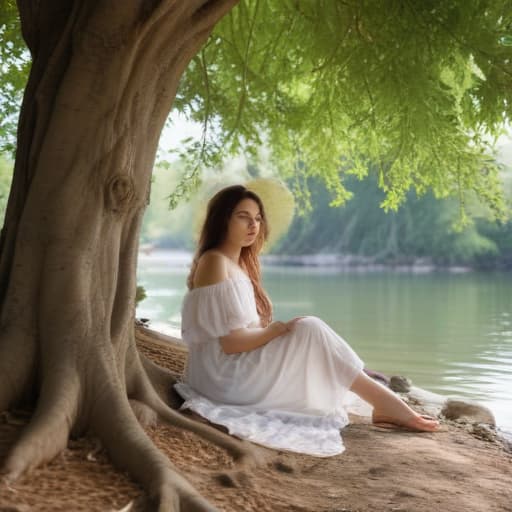 Beautiful woman sitting under the tree and beside river