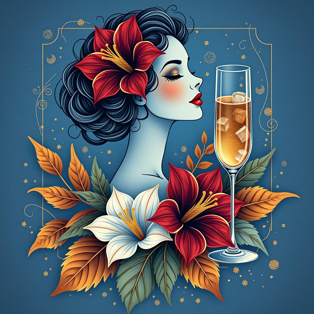  postcard design: bluish blue background with ((decorated with fine fine fractal glitter, bright leaves, ink sketch lines on blue background, outlines, falling autumn leaves, silver swirls, autumn leaves)) . ((graceful,slim, profile of a woman's face, in the style of autumn art fantasy 1,7)). ((crystal tall glass)) :champagne with ice cubes and chocolate.((birthday greeting card))). (in the centre of the card is a bouquet of white gladioluses with the inscription (("for you"))).((bouquet of burgundy gladioluses surrounded by multicoloured foliage 1,2)) (colour of the bouquet): burgundy red with an orange border. (foliage colour) :golden, silvery white, burgundy, green, golden green, (style):fantasy, design art, greeting cards. (style):fantas