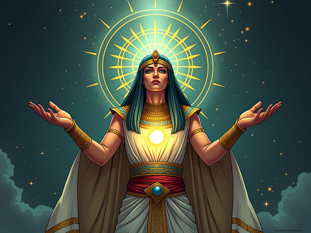  a divine figure surrounded by celestial symbols, stars twinkling, hands reaching out as if bestowing a gift, representing the universe's choice of heightened sensitivity. the style is digital art illustration / modern comic book / mysterious occult, symbolic, esoteric vibe,high detail on character design, incorporating ancient egyptian symbology and attire.