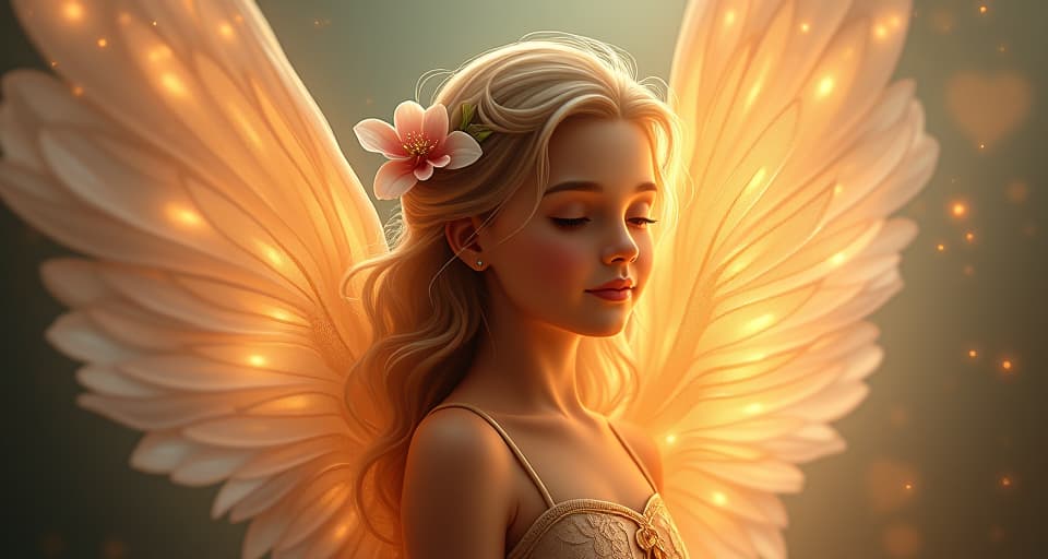  an ethereal angel with glowing floral wings, surrounded by shimmering lights. her serene face and the bright aura around her symbolize love, respect, and peace.. the style is digital art illustration,highly detailed, whimsical,magical, dreamlike atmosphere, realism and fantasy blend, smooth, glossy textures,luminous quality, wonder and enchantment.