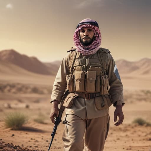 An Arab soldier in the middle of the battlefield in Cinematic style with Nature background