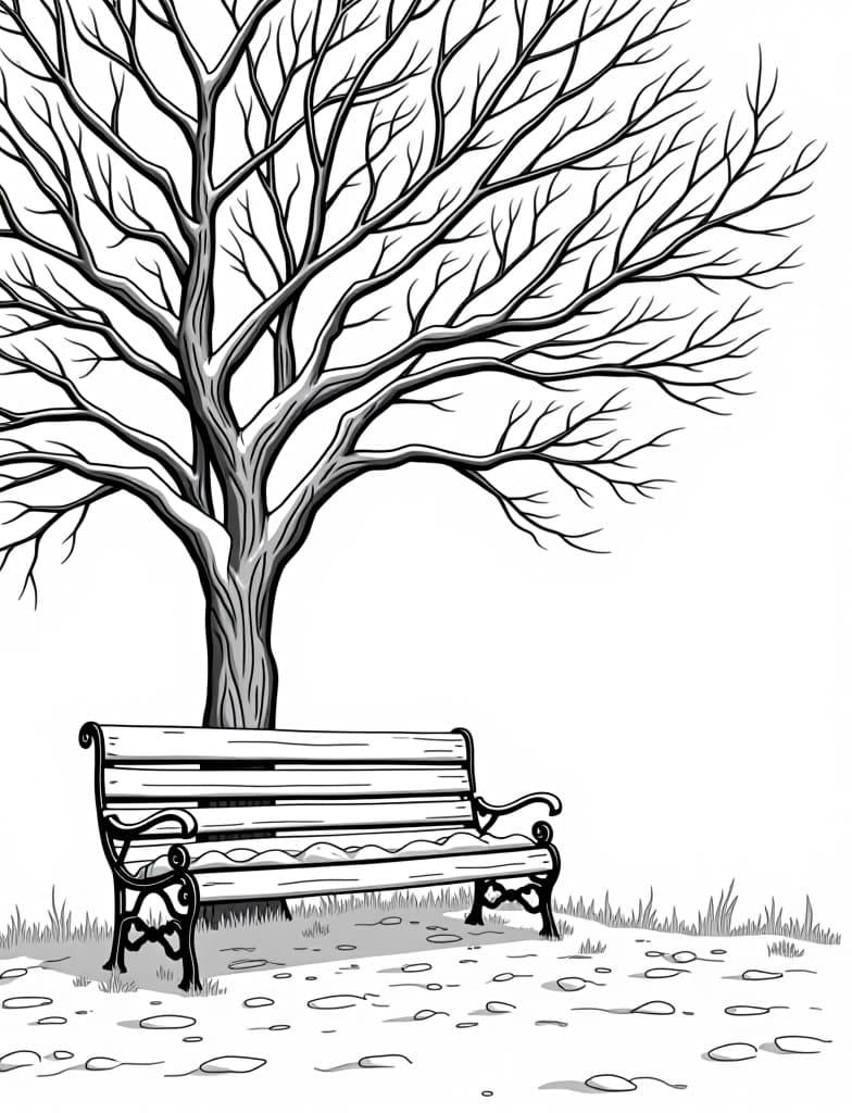  this is for an adult coloring page. a detailed black and white line art of a snowy snow covered park bench under a leafless tree on a solid white background.