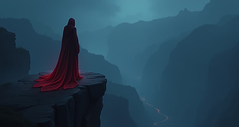  a shadowy, powerful figure in flowing, glowing robes, standing alone on a cliff, overlooking a dark, enchanted valley. their intense aura commands respect.. the style is digital art illustration,highly detailed, whimsical,magical, dreamlike atmosphere, realism and fantasy blend, smooth, glossy textures,luminous quality, wonder and enchantment.