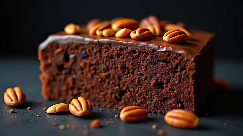  a rich chocolate cake filled with crunchy nuts, set against a dark canvas.