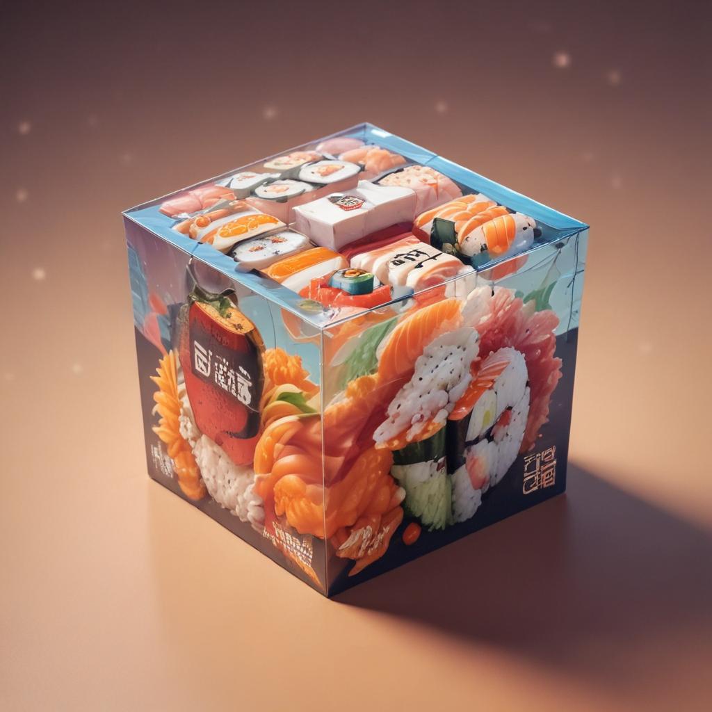 distance-shot, flashy, full-body, dynamic, holographic, animated cartoon poster of a take-out box of sushi in the style of dragon ball super