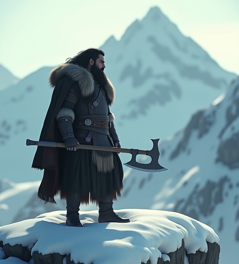  create a highly realistic close up render of a dark haired, bearded male barbarian standing on a snowy mountaintop, wielding a massive spiky axe. the barbarian should have a rugged, muscular build, with his hair and beard slightly frosted from the cold. his fur lined armor should be detailed, with visible textures of worn leather and metal, appropriate for a warrior in harsh, icy conditions. the scene should be styled as if filmed in the 1950s with super panavision 70, featuring a widescreen aspect ratio, deep contrasts, and dramatic, cinematic lighting. the snowy landscape should be vast and majestic, with towering, jagged peaks and swirling snow, evoking an epic, larger than life atmosphere. add a subtle vintage effect, with light film gr