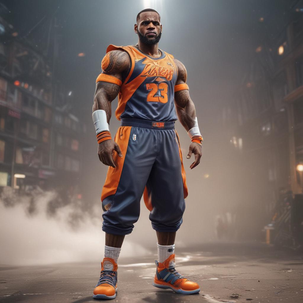 distance-shot, flashy, full-body, dynamic, holographic, animated cartoon poster of lebron james in the style of dragon ball super hyperrealistic, full body, detailed clothing, highly detailed, cinematic lighting, stunningly beautiful, intricate, sharp focus, f/1. 8, 85mm, (centered image composition), (professionally color graded), ((bright soft diffused light)), volumetric fog, trending on instagram, trending on tumblr, HDR 4K, 8K