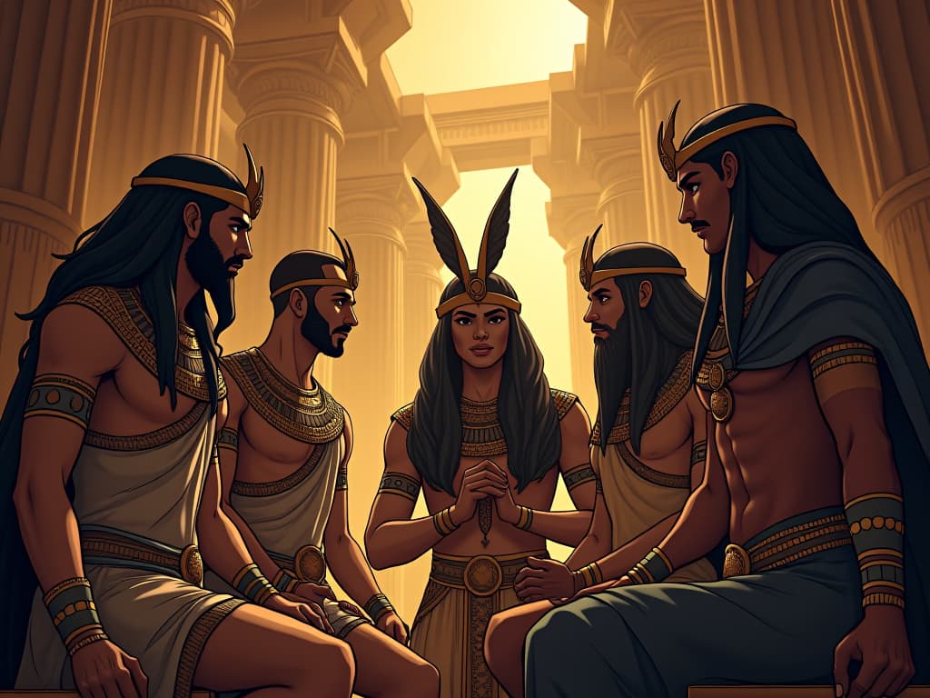  a group of egyptians engaged in deep conversation, intense expressions, set in an ancient temple, exploring profound ideas. the style is digital art illustration / modern comic book / mysterious occult, symbolic, esoteric vibe,high detail on character design, incorporating ancient egyptian symbology and attire.