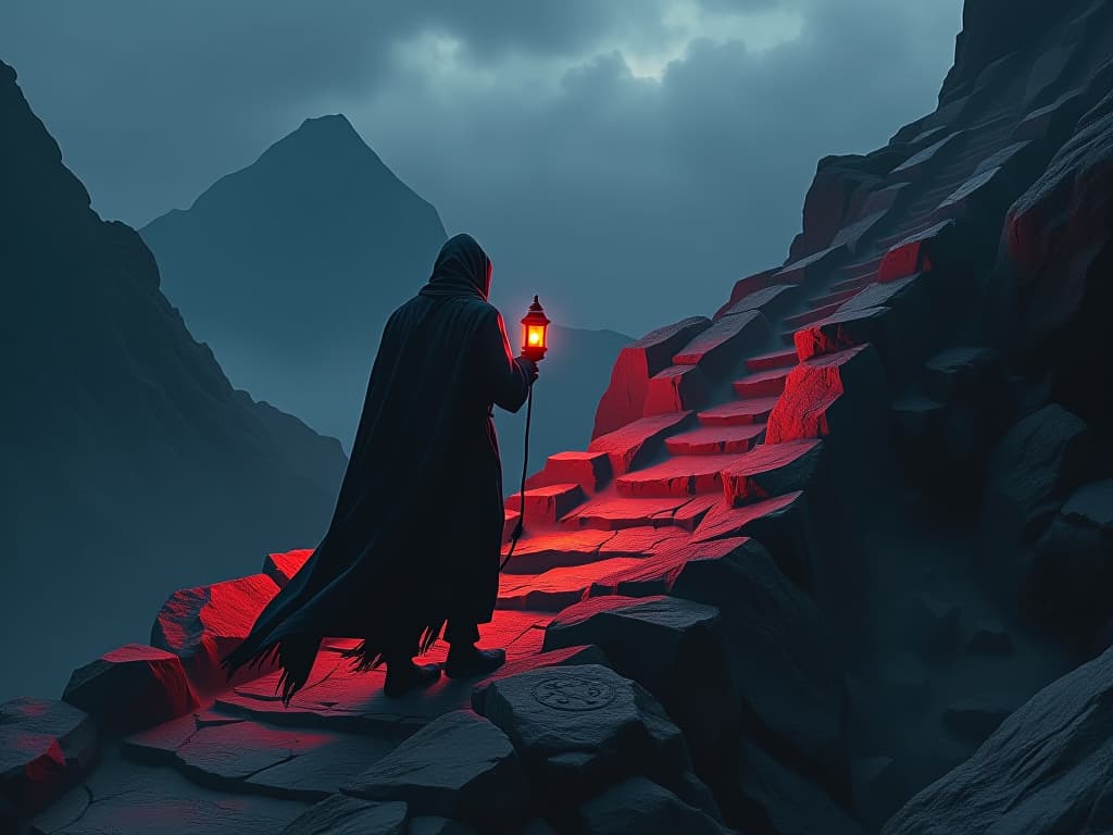  a cloaked traveler ascending a steep, rocky path, illuminated by dim lantern light. mystical mountains, ancient runes on the stones, arduous journey, quest for truth.. the style is dark fantasy and mysterious occult, symbolic, moody lighting, esoteric vibe,high detail on character design. for the color scheme emphasize blacks and reds.