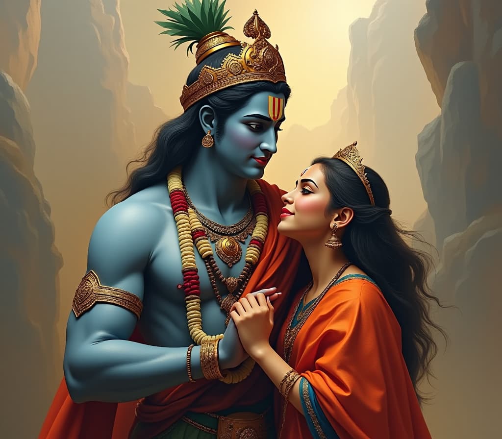  lord krishna with girl in modern world, masterpiece background